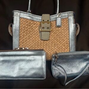 Coach Blue Metallic Leather Handbag with matching Wallet and Wristlet Set